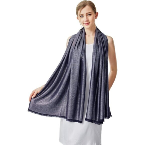 Pashmina Shawl Wraps Scarf Formal - Navy & Silver - Picture 1 of 7